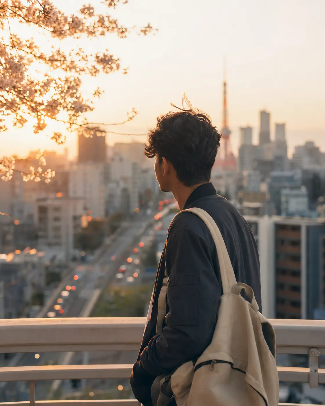 Nepali student looking out over the Tokyo skyline at golden hour