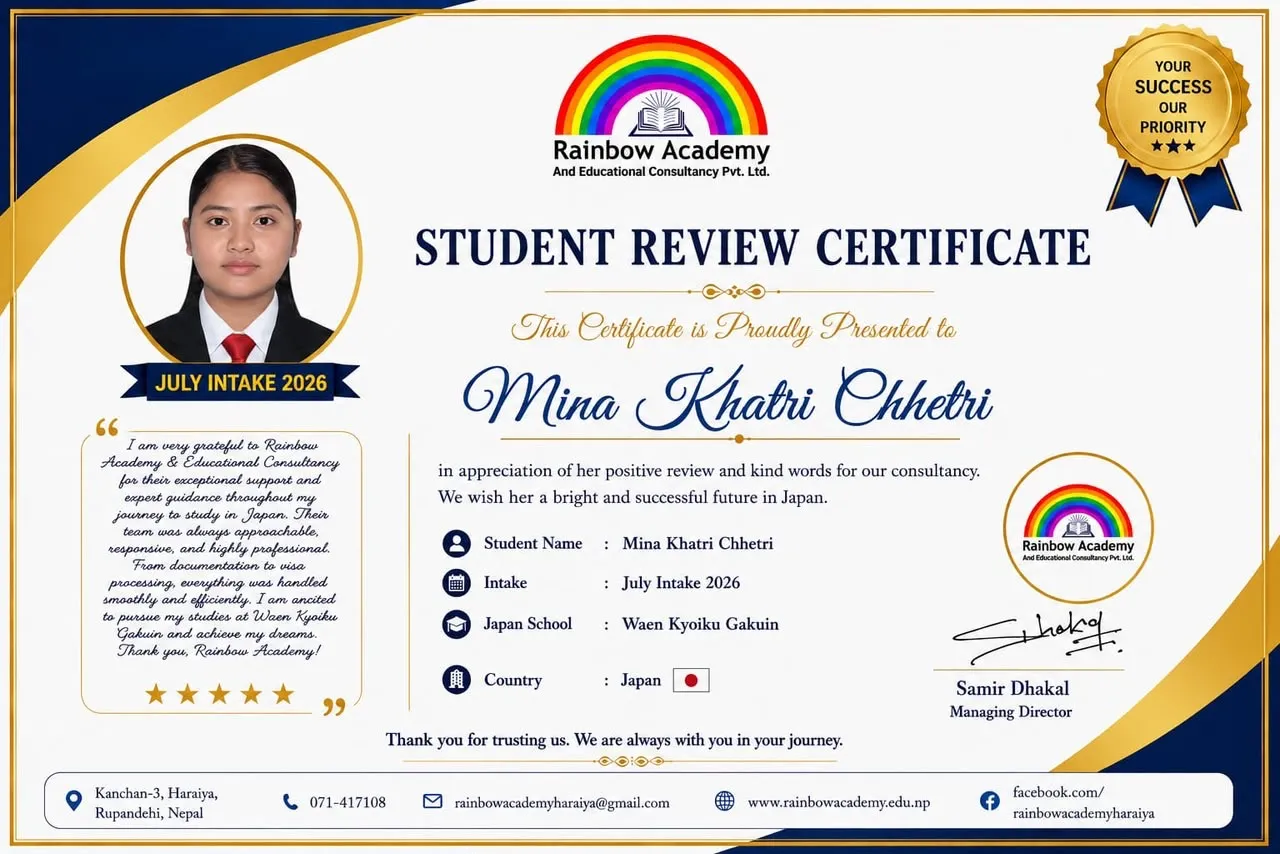 Rainbow Academy student review certificate 1 of 18